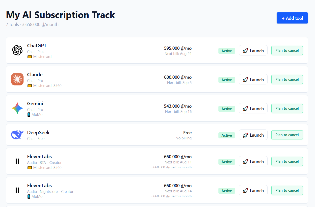 Your whole AI stack, with billing dates and a quick-launch button for each tool.